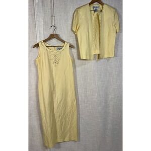 Jessica Howard Linen Blend Shift Maxi Dress Jacket Set 10 Petite Yellow Beaded